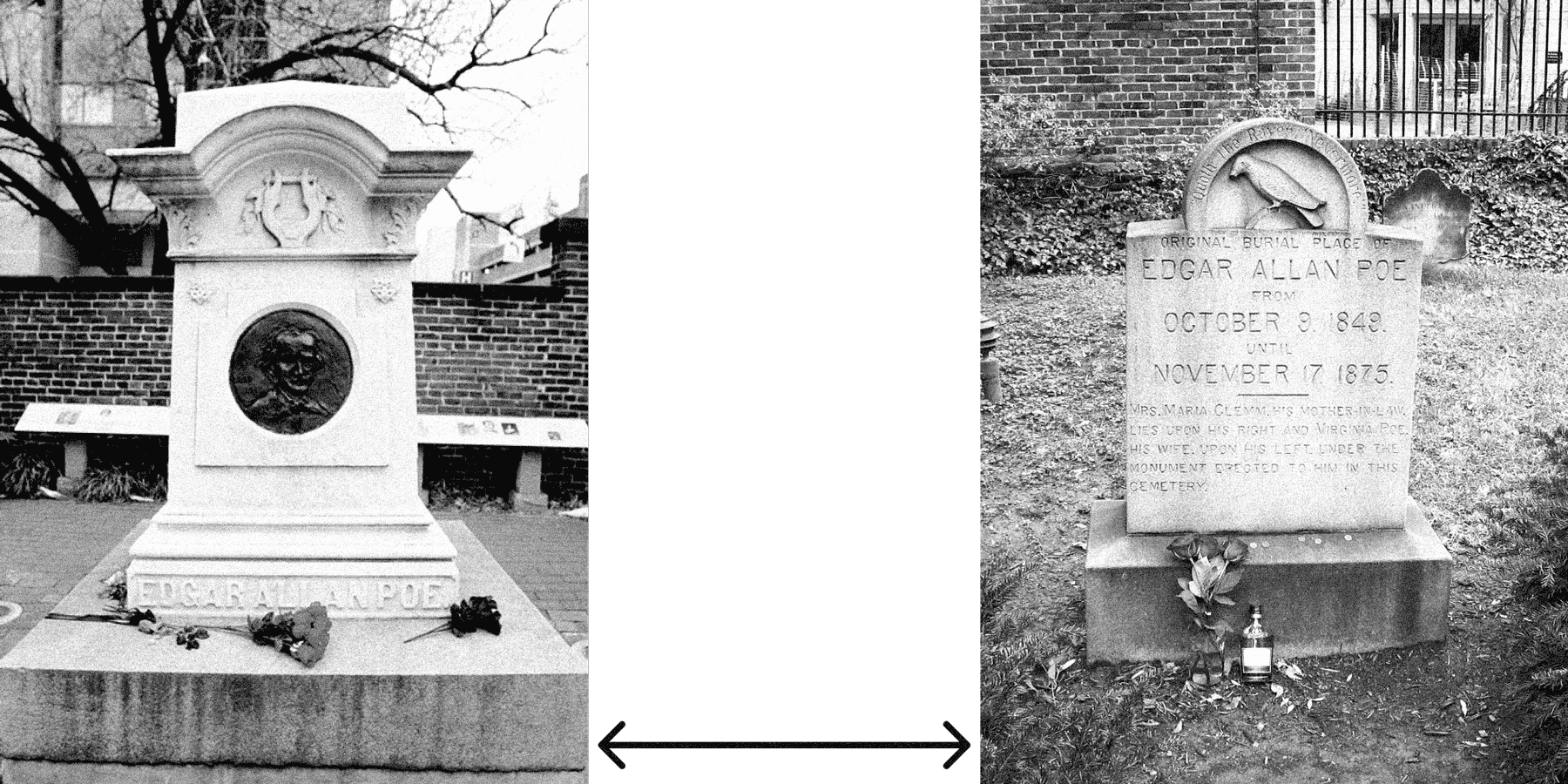 Слева — нынешняя могила Эдгара Аллана По на кладбище в Балтиморе, США. Справа — кенотаф на том месте, где могила По была изначально, до того, как останки писателя перенесли на новое место. Источники: alearned.com, wikimedia.org