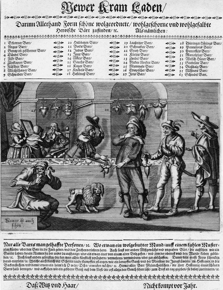 Newer Kram Laden (Новая галантерея), 1641. Накладные бороды на все случаи жизни. Источник: Сьюзан Дж. Винсент, «Волосы: иллюстрированная история»
