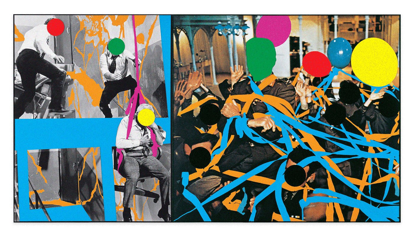 Иллюстрация: John Baldessari, Fissures (Orange) and Ribbons (Orange, Blue): With Multiple Figures (Red, Green, Yellow), Plus Single Figure (Yellow) in Harness (Violet) and Balloons (Violet, Red, Yellow, Grey), 2004