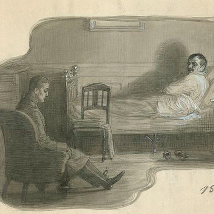 Herman Bang (liggende), Amalie Skram og Helga Johansen skrev alle om psykiatriske indlæggelser – og søvn – i slutningen af 1800-tallet. Kilde: Wikimedia Commons.