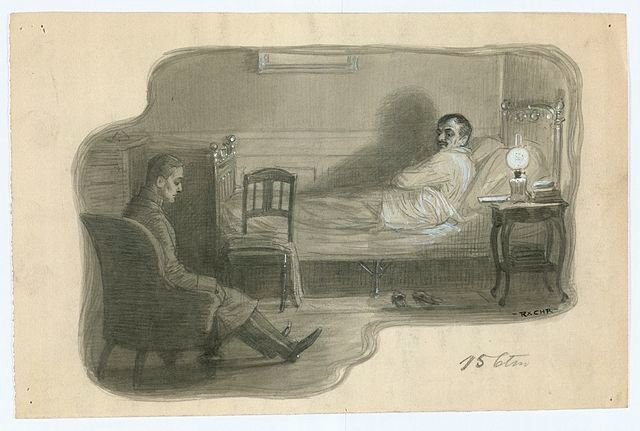 Herman Bang (til sengs) og Rasmus Christiansen, ca. 1905. Kilde: Wikimedia Commons.