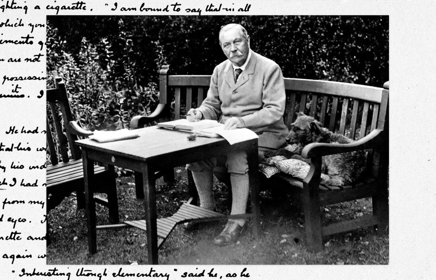 Arthur Conan Doyle på arbejde – med sin terrier ved navn Paddy. Kilde: Arthur Conan Doyle Encyclopedia. Collage: Sasha Pozhitok, Bookmate.