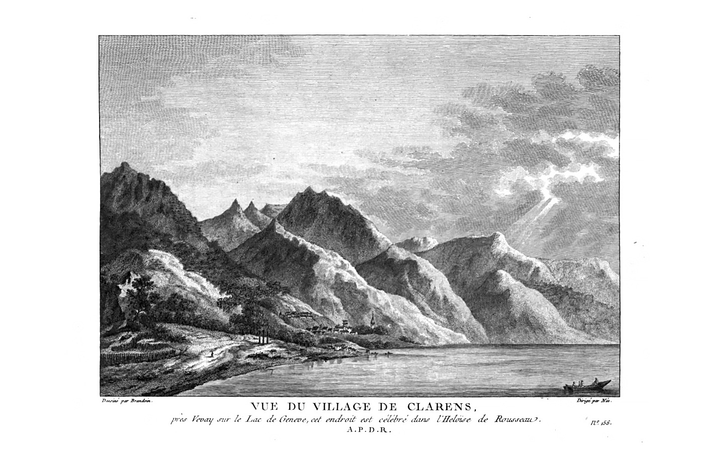 Вид на деревню Кларан в Швейцарии, которая упоминается в книге Жан-Жака Руссо «Юлия, или Новая Элоиза». 1780