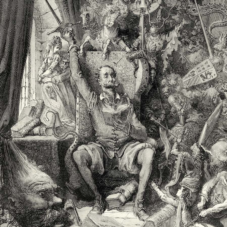 En illustration af den franske kunstner Gustave Doré (1832-1883) fra januar 1863. Den gode Don Quixote er blevet gal efter at have læst for mange ridderromaner og drager nu ud på sin egen ridderfærd.