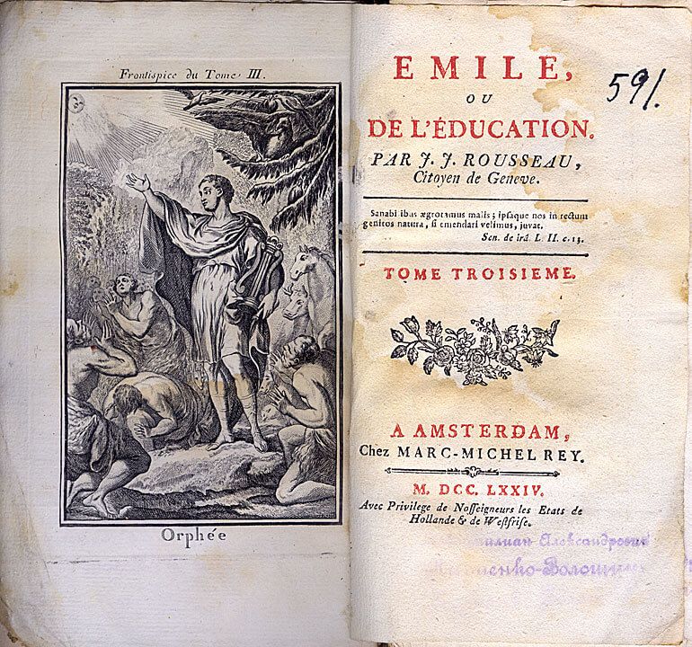 Фронтиспис к первому тому издания педагогического трактата «Эмиль, или О воспитании» (1762)