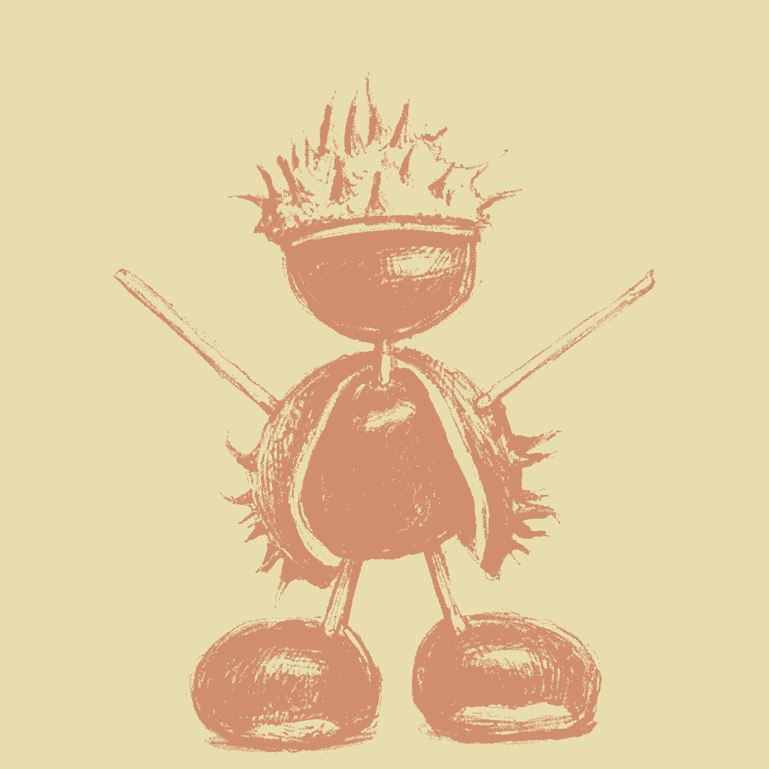 Фигурка из плодов конского каштана — несъедобных для человека, в отличие от каштана благородного. Рисунок Пасхалиса Дугалиса из книги «Деревья» Андреаса Хазе