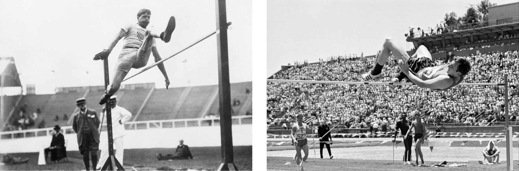 Долгое время прыгуны в высоту преодолевали планку «ножницами», как бы переступая ее (фото слева). Американец Дик Фосбери стал первым в мире прыгать через планку спиной вперед. На фото справа Фосбери совершает прыжок на Олимпийских играх 1968 года в Мехико