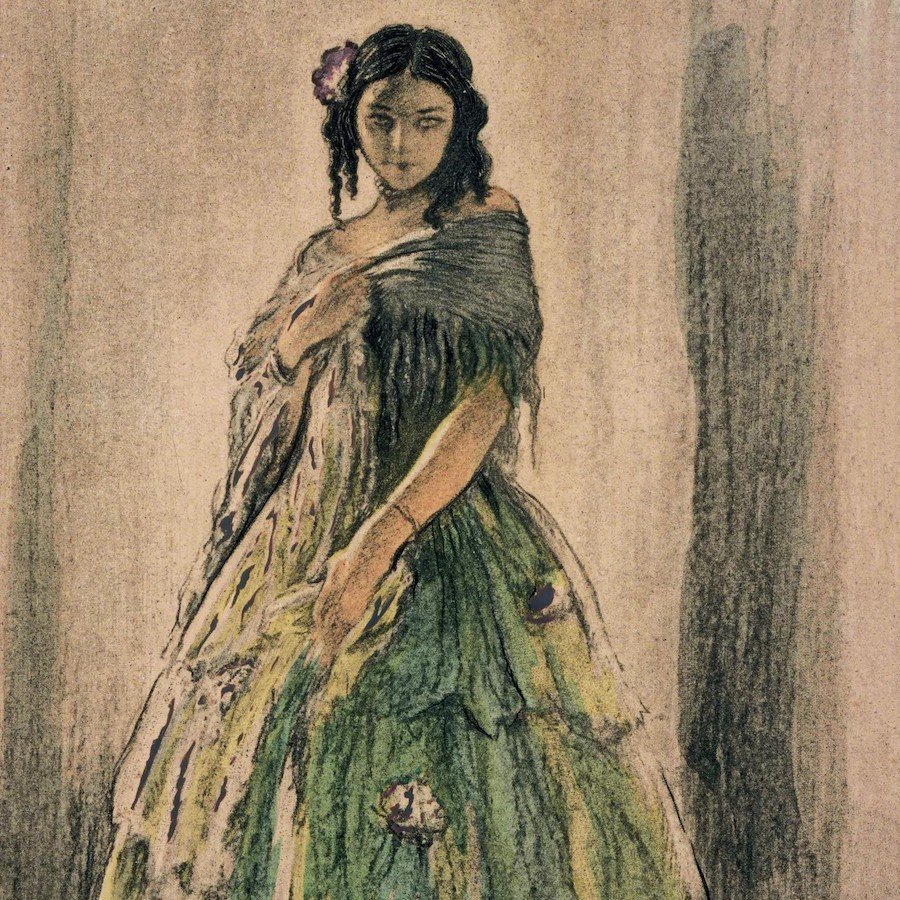 Gustave Flaubert mestrer til fulde beskrivelserne af Emma Bovarys flamboyante påklædning i romanen Madame Bovary. Her illustrereret af d'Edgar Chahine i 1935. Illustration: Wikimedia Commons