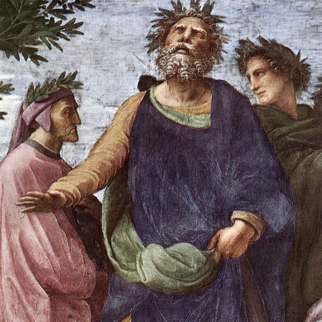 Ключевые фигуры в западном каноне Данте, Гомер и Вергилий на фреске Рафаэля Санти «Парнас» / wikipedia.org