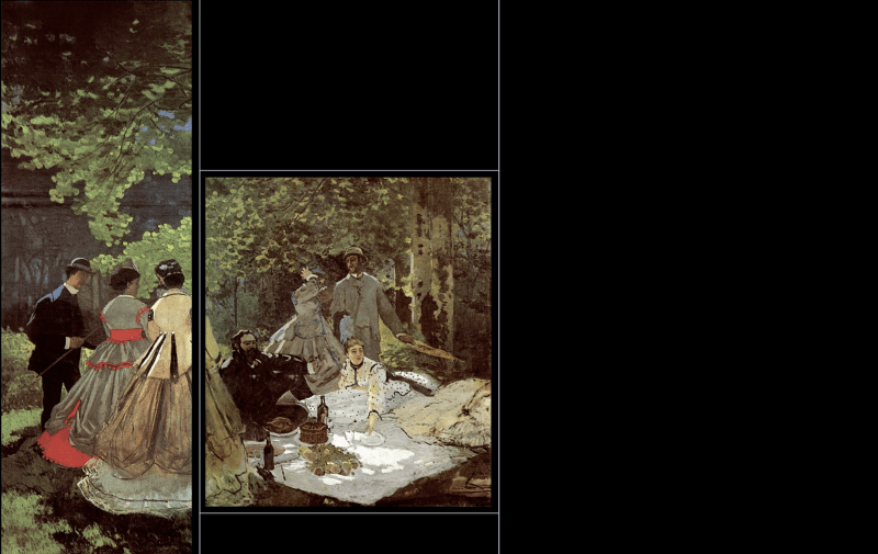 Приблизительный вид картины «Завтрак на траве»: левый и средний уцелевшие фрагменты в сравнении с утраченными частями полотна