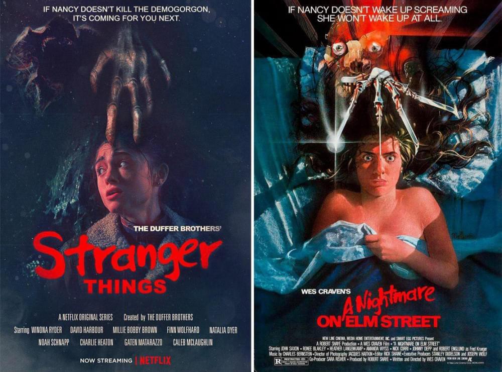 Постеры к сериалу «Очень странные дела» копируют культовые афиши фильмов ужасов разных лет. Справа — афиша фильма «Кошмар на улице Вязов», 1984 год