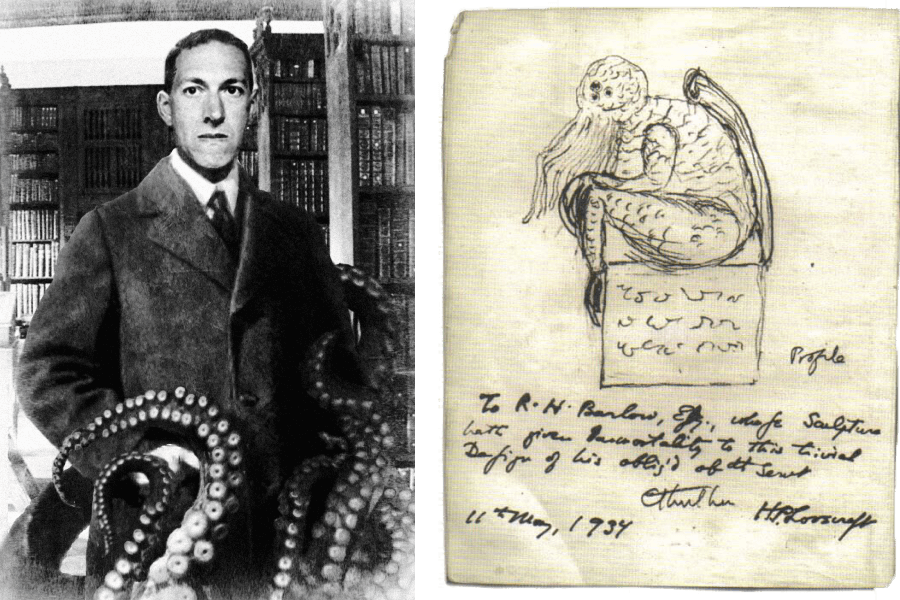 Слева — Говард Лавкрафт, справа — нарисованный им Ктулху (1934). Источник: Wikimedia Commons