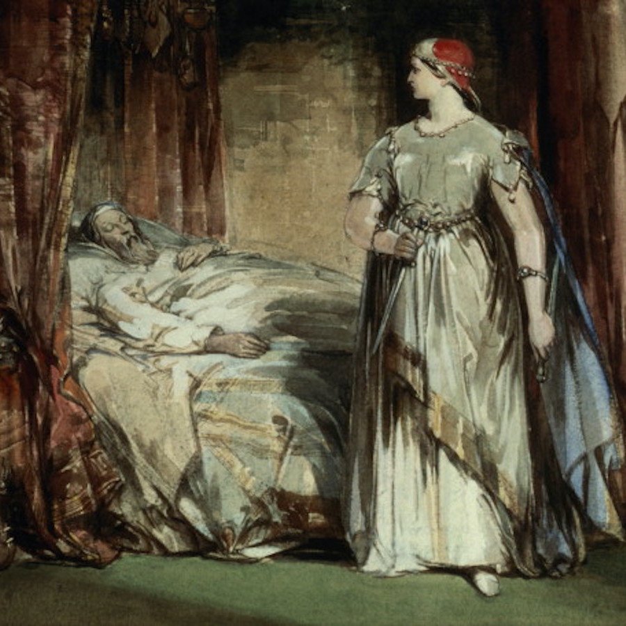 Maleri af Lady Macbeth ved en sovende Duncan / George Cattermole (1800-1868). Kilde: Wikimedia Commons.