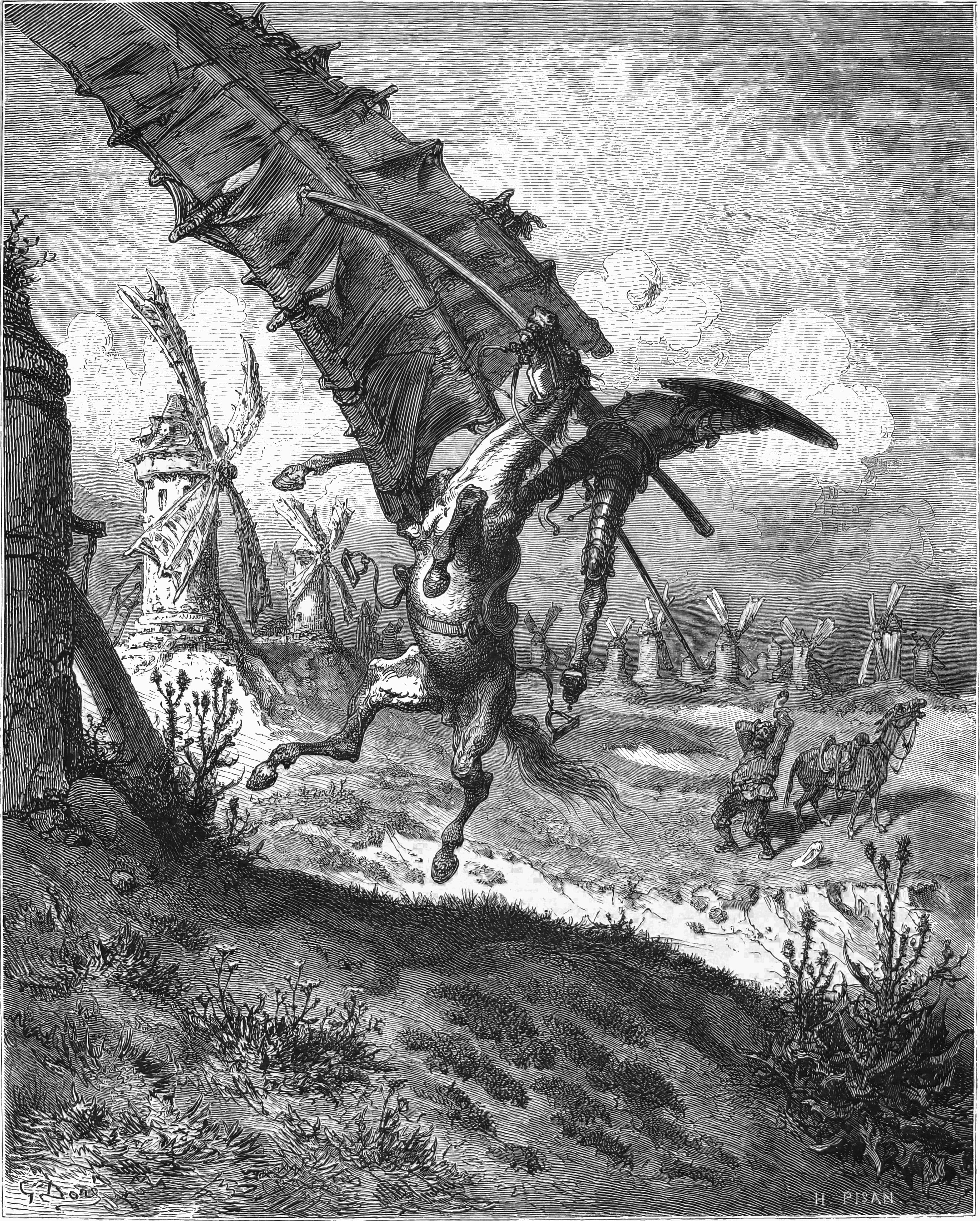 En illustration af den franske kunstner Gustave Doré (1832-1883) fra januar 1863. Her ser vi den sindrige ridder i kamp med, hvad han tror er kæmper, men som viser sig at være gigantiske vindmøller. Sceneriet er blandt de mest ikoniske fra romanen.