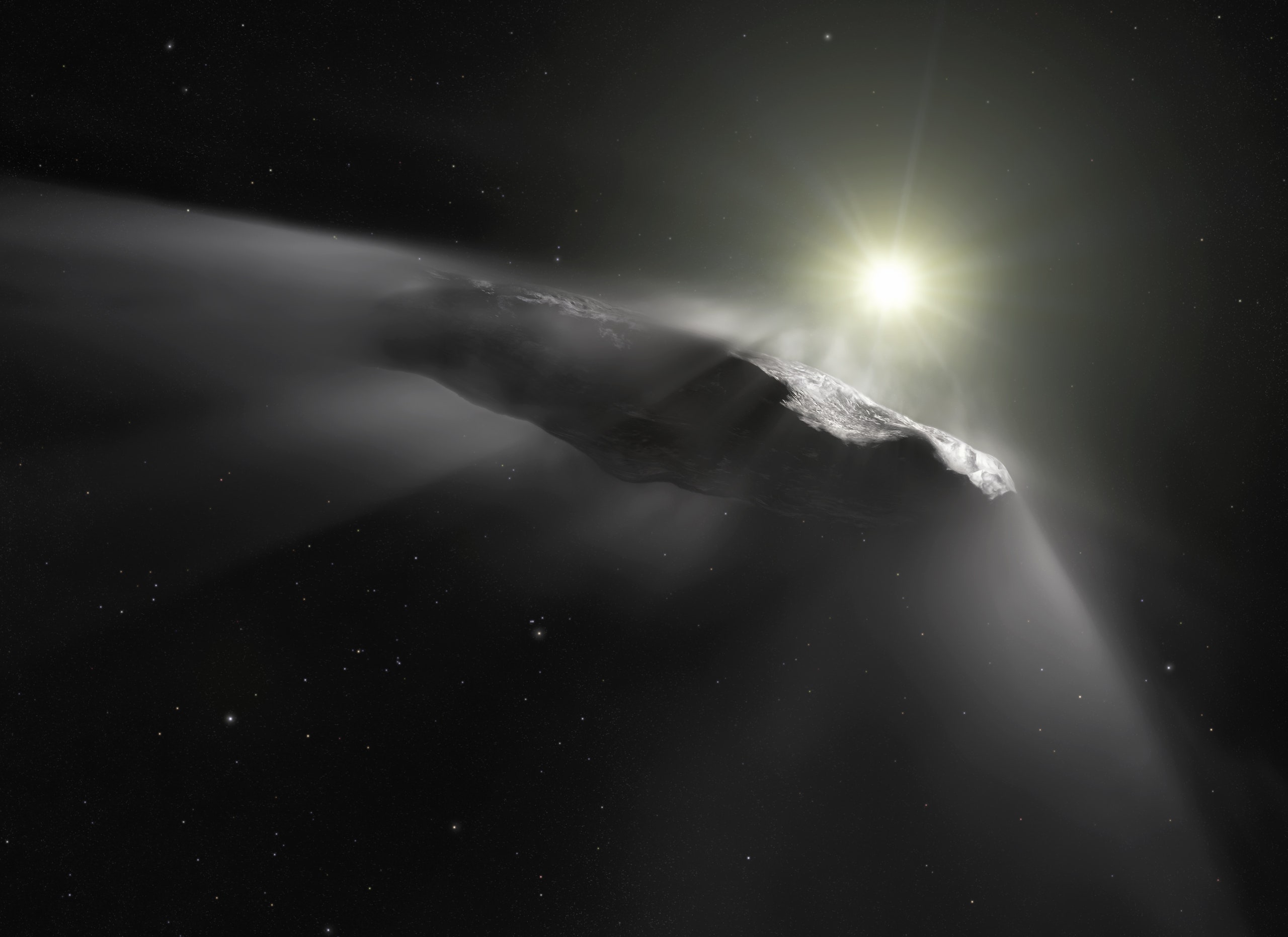 Межзвездный астероид Оумуамуа в представлении художника. Источник: ESA/Hubble, NASA, ESO, M. Kornmesser