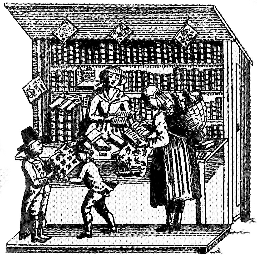 Книжная лавка на рынке, ок. 1790 г. Иллюстрация из книги Рихарда Витмана «История немецких книготорговцев»