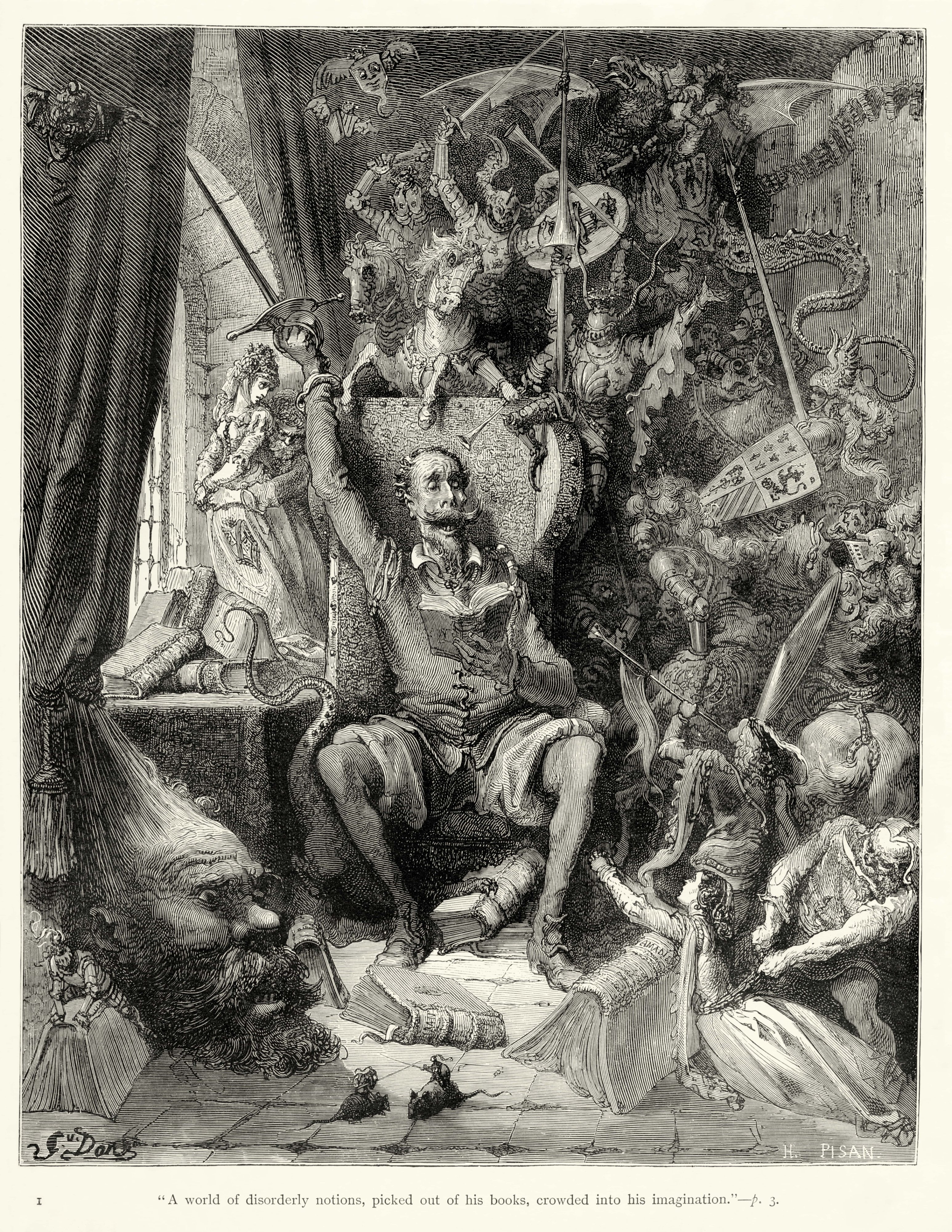 En illustration af den franske kunstner Gustave Doré (1832-1883) fra januar 1863. Den gode Don Quixote er blevet gal efter at have læst for mange ridderromaner og drager nu ud på sin egen ridderfærd.