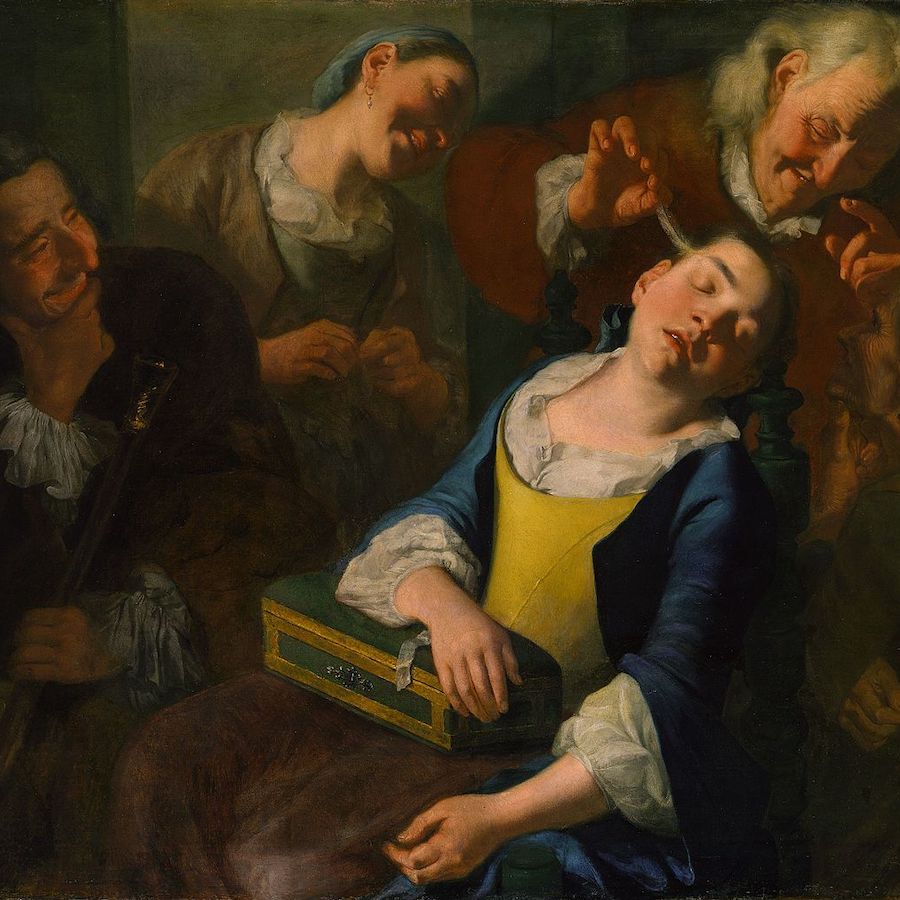  Teasing a Sleeping Girl, maleri af Gaspare Traversi. Kilde: Wikimedia Commons.