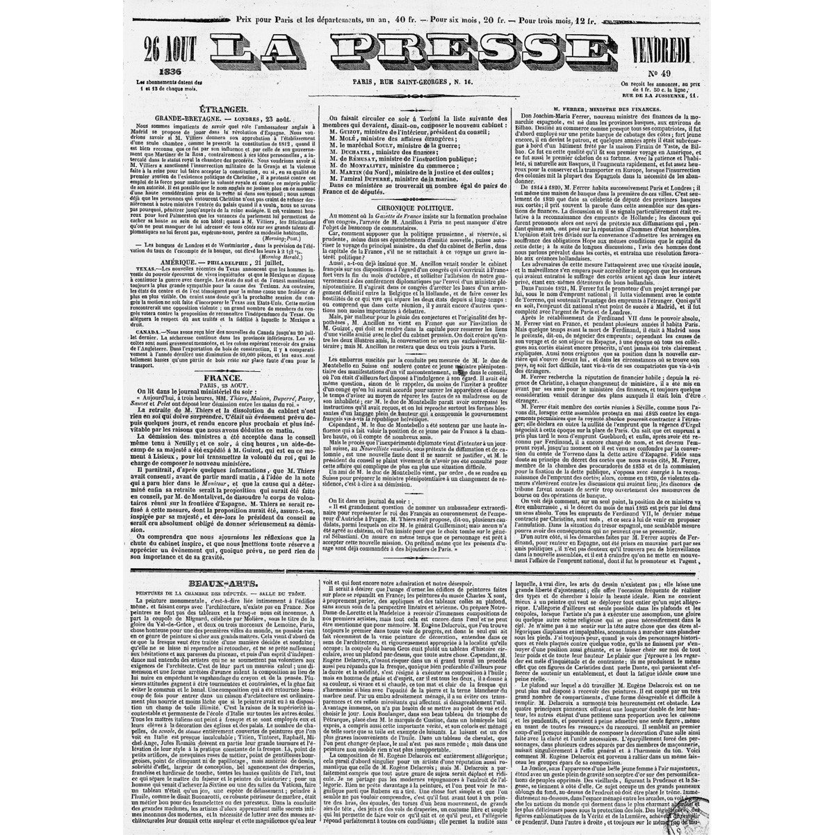 Naslovna strana La Pressa, 26. avgust 1836. Ispod je podrum sa naslovom Likovna umetnost. Izvor: Nacionalna biblioteka Francuske / gallica.bnf.fr